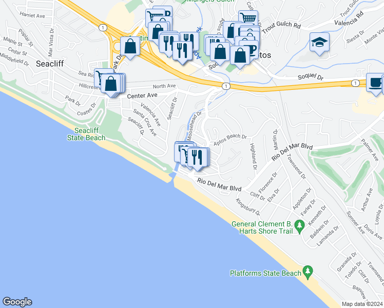 map of restaurants, bars, coffee shops, grocery stores, and more near 111 Stephen Road in Aptos