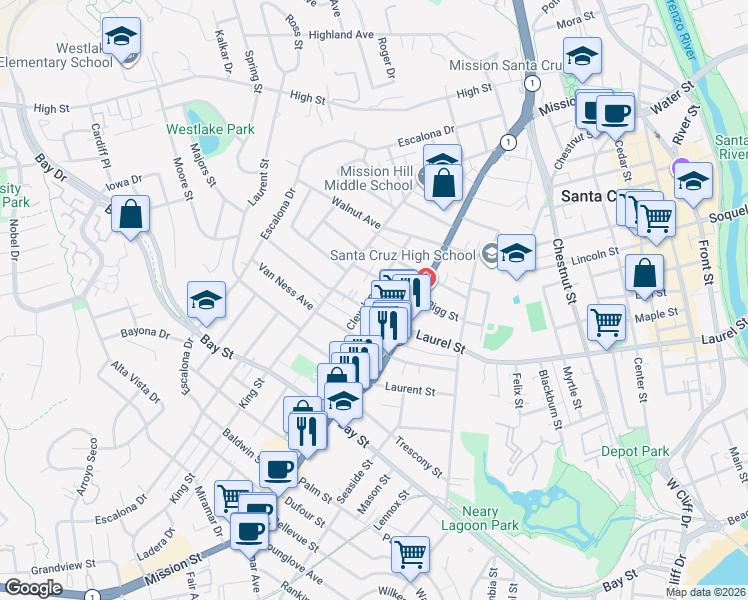 map of restaurants, bars, coffee shops, grocery stores, and more near 319 Cleveland Avenue in Santa Cruz