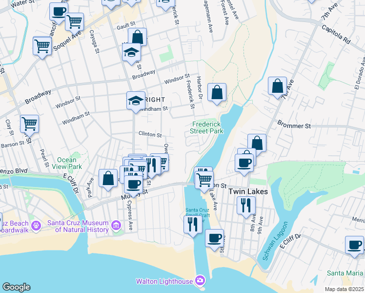 map of restaurants, bars, coffee shops, grocery stores, and more near 129A Southampton Lane in Santa Cruz