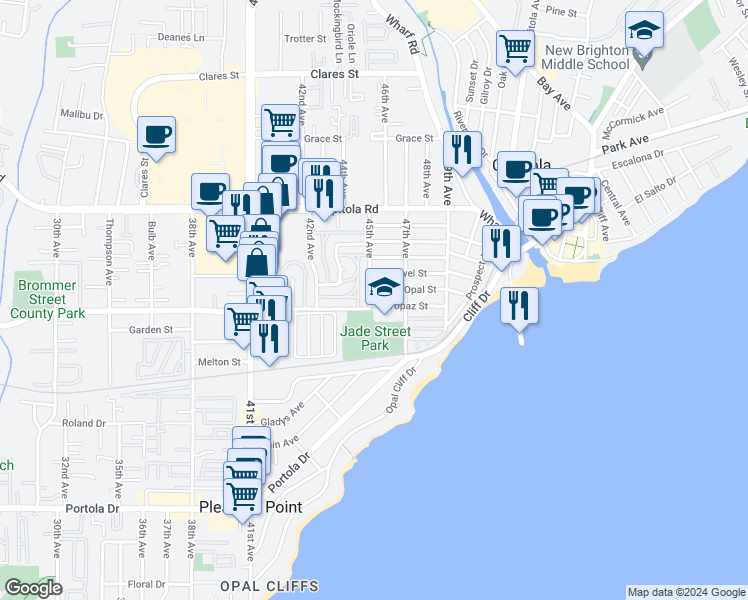 map of restaurants, bars, coffee shops, grocery stores, and more near 4595 Topaz Street in Capitola