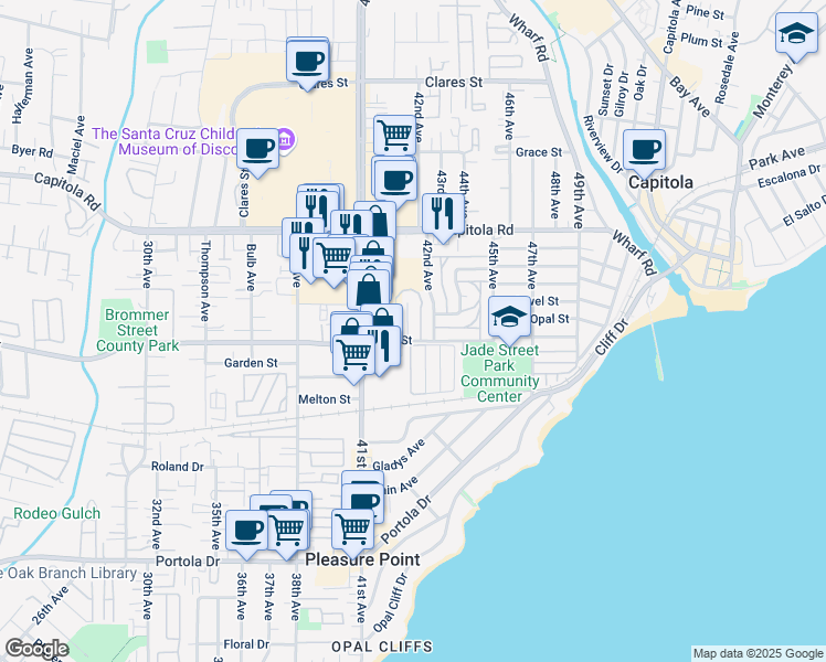 map of restaurants, bars, coffee shops, grocery stores, and more near 1355 Ruby Court in Capitola