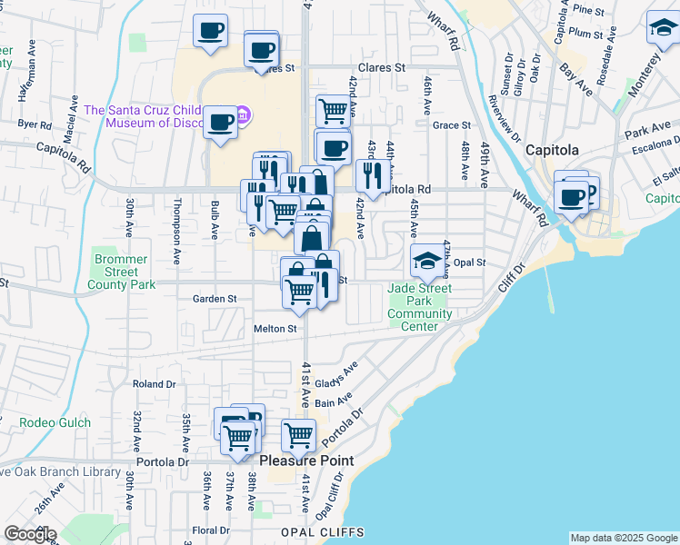 map of restaurants, bars, coffee shops, grocery stores, and more near 1355 Ruby Court in Capitola