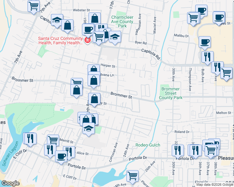 map of restaurants, bars, coffee shops, grocery stores, and more near 2130 Brommer Street in Santa Cruz