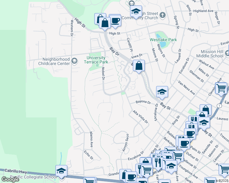 map of restaurants, bars, coffee shops, grocery stores, and more near 322 Nobel Drive in Santa Cruz