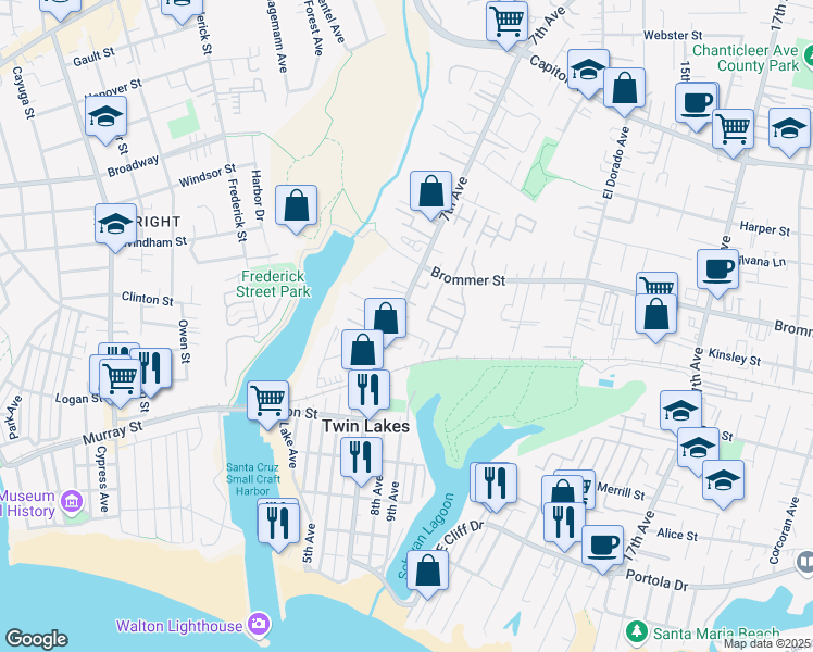 map of restaurants, bars, coffee shops, grocery stores, and more near 713 Crystal Lane in Santa Cruz