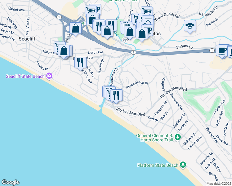 map of restaurants, bars, coffee shops, grocery stores, and more near 118 Hainline Road in Aptos