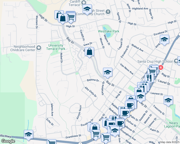 map of restaurants, bars, coffee shops, grocery stores, and more near 201 Crestview Terrace in Santa Cruz