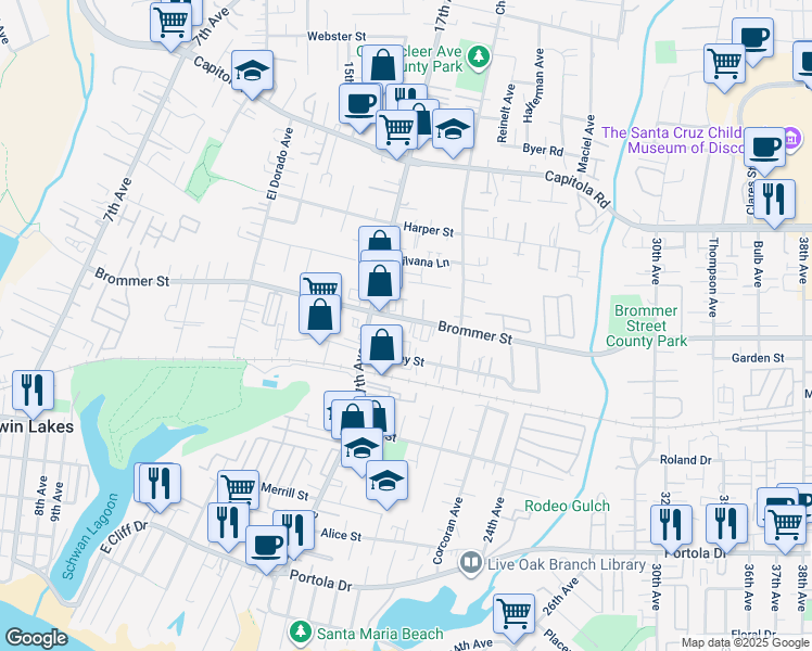 map of restaurants, bars, coffee shops, grocery stores, and more near 1900 Brommer Street in Santa Cruz