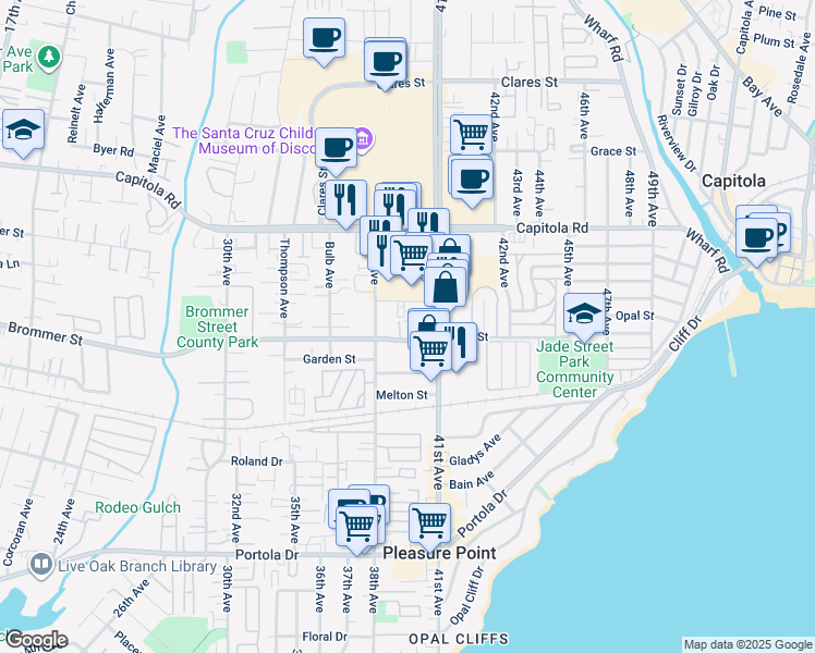 map of restaurants, bars, coffee shops, grocery stores, and more near 3900 Alameda Avenue in Capitola