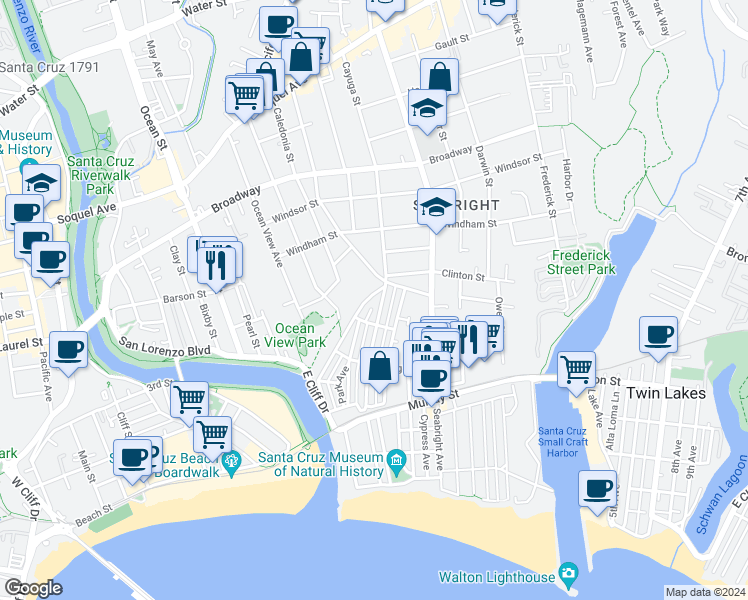 map of restaurants, bars, coffee shops, grocery stores, and more near 524 Buena Vista Avenue in Santa Cruz