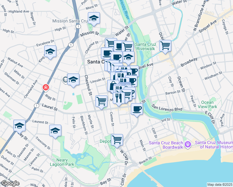 map of restaurants, bars, coffee shops, grocery stores, and more near 418 Cedar Street in Santa Cruz