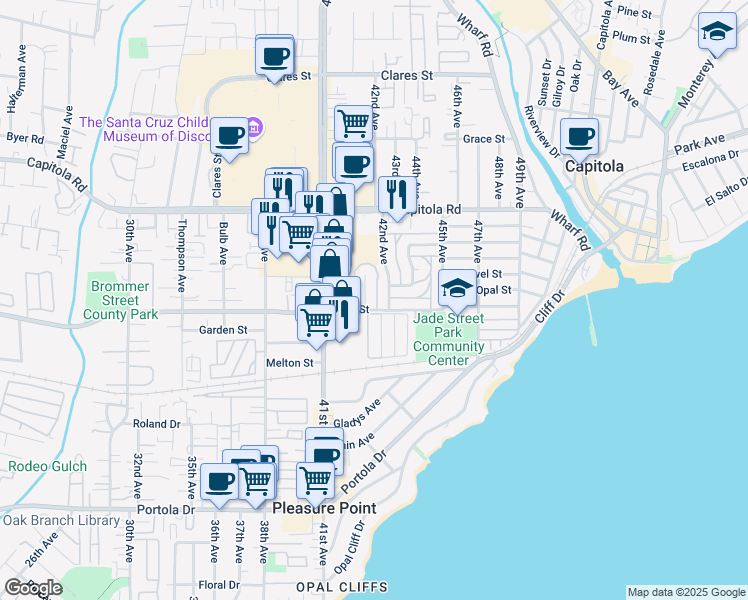 map of restaurants, bars, coffee shops, grocery stores, and more near 1360 Ruby Court in Capitola