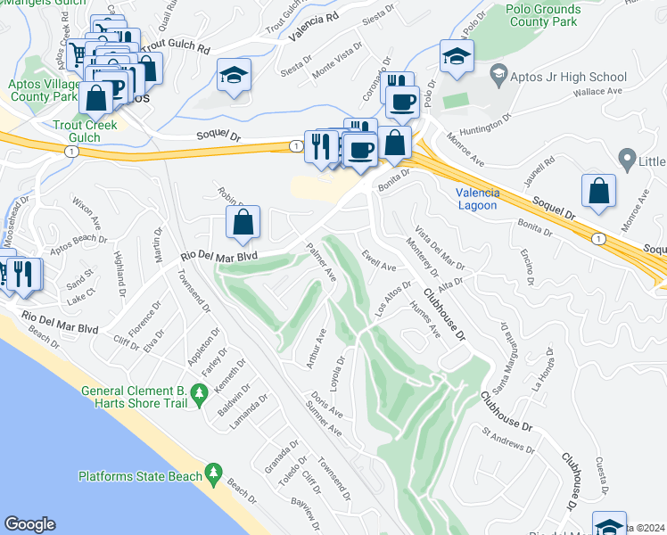 map of restaurants, bars, coffee shops, grocery stores, and more near 424 Palmer Avenue in Aptos