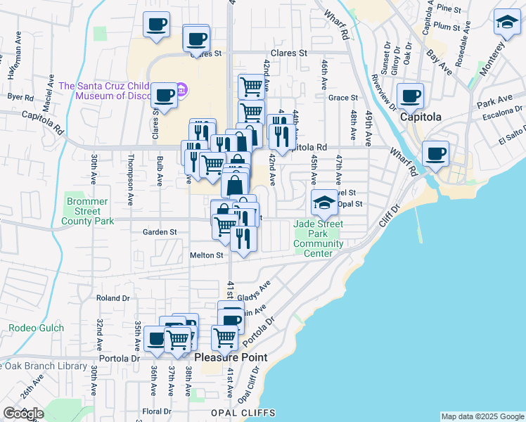 map of restaurants, bars, coffee shops, grocery stores, and more near 1360 Ruby Court in Capitola