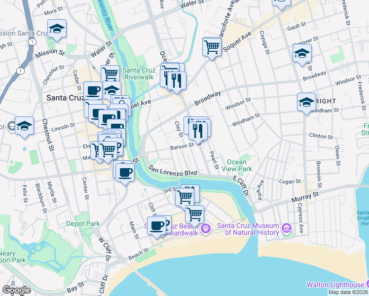 map of restaurants, bars, coffee shops, grocery stores, and more near 150 Canfield Avenue in Santa Cruz