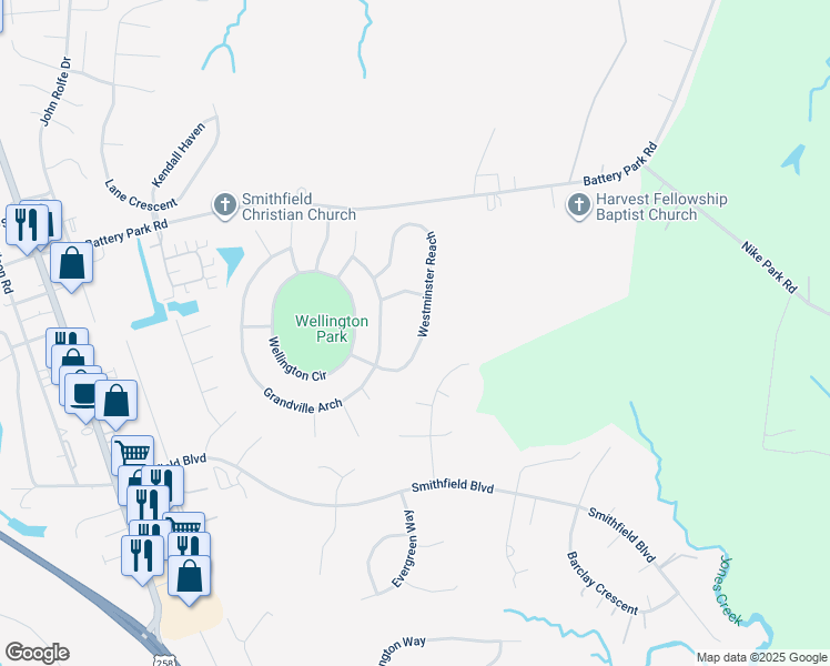 map of restaurants, bars, coffee shops, grocery stores, and more near 615 Westminster Reach in Smithfield