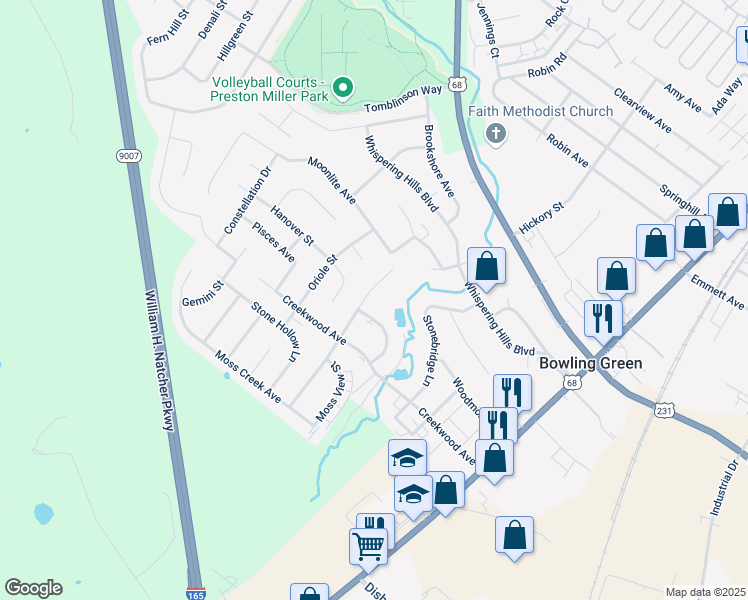map of restaurants, bars, coffee shops, grocery stores, and more near 560 Village Creek Drive in Bowling Green
