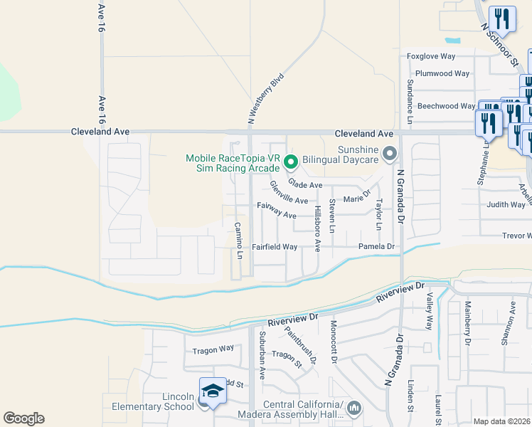 map of restaurants, bars, coffee shops, grocery stores, and more near 1489 Larrete Avenue in Madera