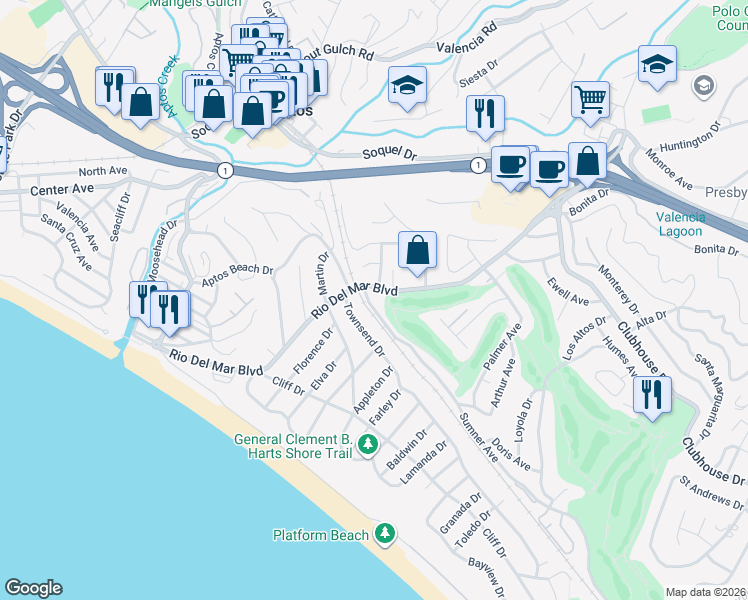 map of restaurants, bars, coffee shops, grocery stores, and more near 305 Sumner Avenue in Aptos