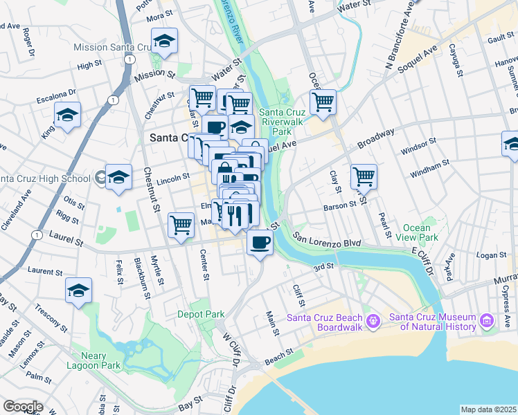 map of restaurants, bars, coffee shops, grocery stores, and more near 408 Front Street in Santa Cruz