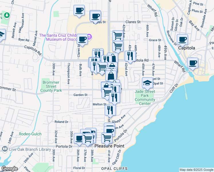 map of restaurants, bars, coffee shops, grocery stores, and more near 1355 41st Avenue in Capitola
