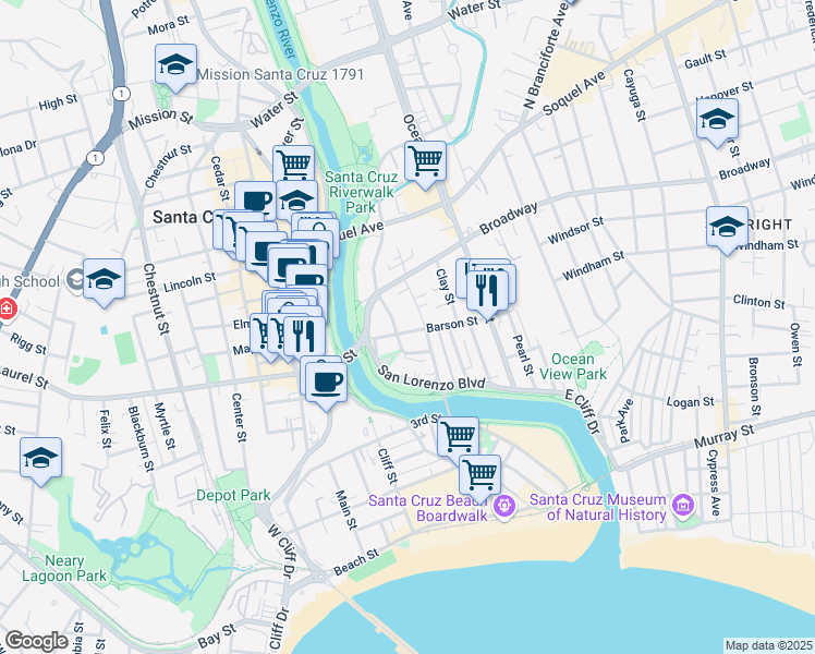 map of restaurants, bars, coffee shops, grocery stores, and more near 6 Barson Street in Santa Cruz