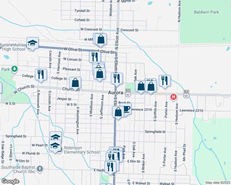 map of restaurants, bars, coffee shops, grocery stores, and more near in Aurora