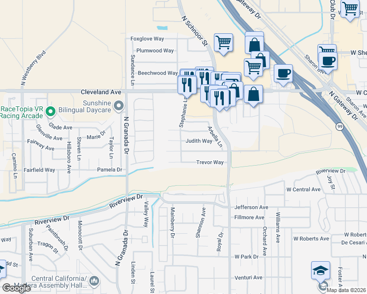 map of restaurants, bars, coffee shops, grocery stores, and more near 2383 Dutra Way in Madera
