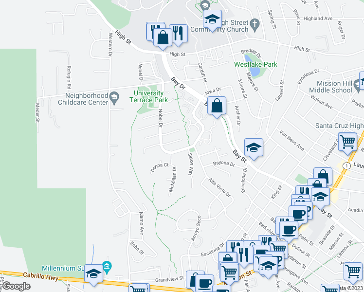 map of restaurants, bars, coffee shops, grocery stores, and more near 322 Nobel Drive in Santa Cruz