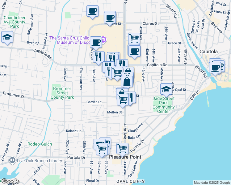 map of restaurants, bars, coffee shops, grocery stores, and more near 3900 Alameda Avenue in Capitola