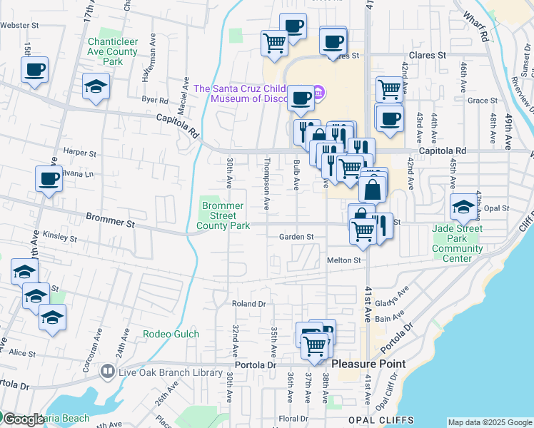 map of restaurants, bars, coffee shops, grocery stores, and more near Thompson Avenue in Santa Cruz County