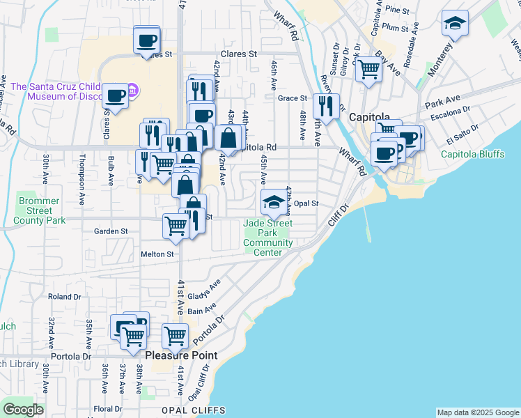 map of restaurants, bars, coffee shops, grocery stores, and more near 4455 Jade Street in Capitola