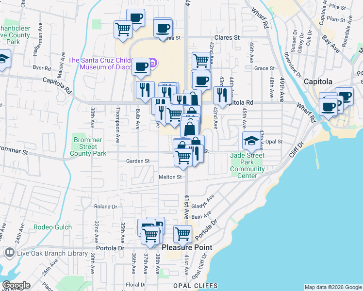 map of restaurants, bars, coffee shops, grocery stores, and more near 1355 41st Avenue in Capitola