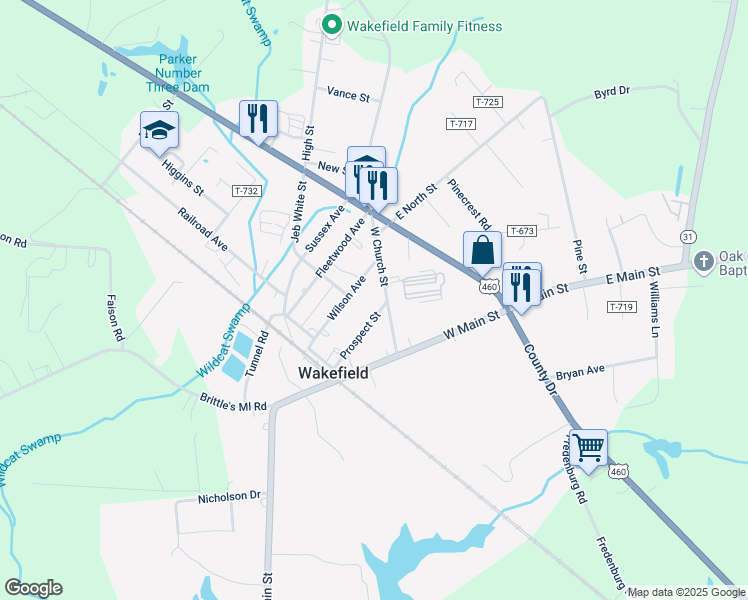 map of restaurants, bars, coffee shops, grocery stores, and more near 102 Prospect Street in Wakefield