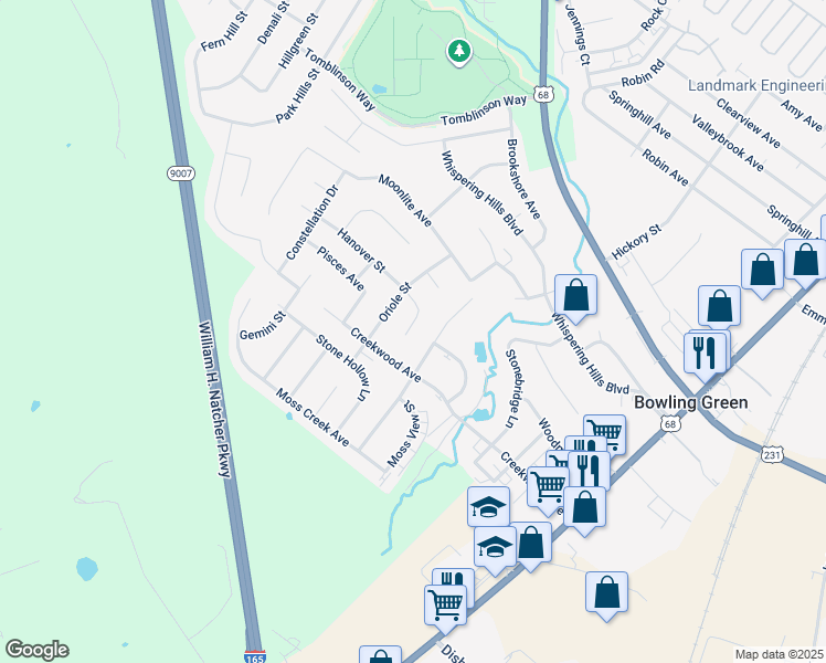map of restaurants, bars, coffee shops, grocery stores, and more near 220 Hanover Court in Bowling Green