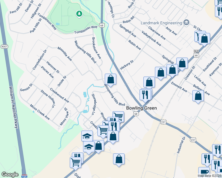 map of restaurants, bars, coffee shops, grocery stores, and more near 145 Whispering Hills Boulevard in Bowling Green