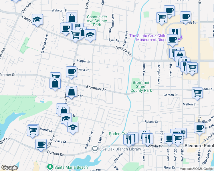 map of restaurants, bars, coffee shops, grocery stores, and more near 2355 Brommer Street in Santa Cruz