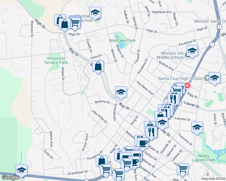 map of restaurants, bars, coffee shops, grocery stores, and more near 100 Overlook Drive in Santa Cruz