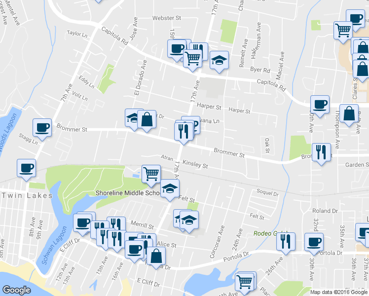 map of restaurants, bars, coffee shops, grocery stores, and more near 1710 Brommer Street in Santa Cruz