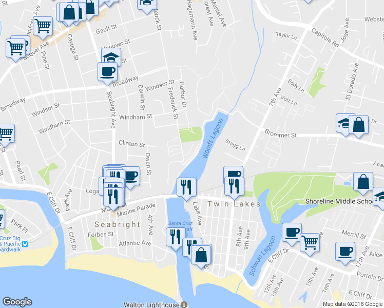 map of restaurants, bars, coffee shops, grocery stores, and more near 112 Frederick Street in Santa Cruz