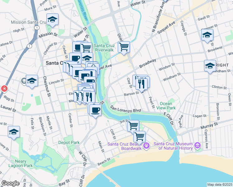 map of restaurants, bars, coffee shops, grocery stores, and more near 708 Riverside Avenue in Santa Cruz