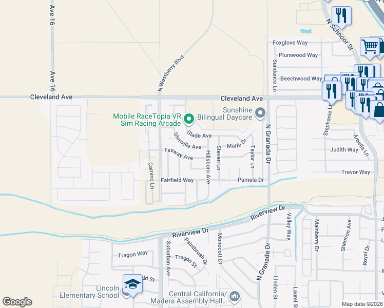 map of restaurants, bars, coffee shops, grocery stores, and more near 1468 Mandana Way in Madera