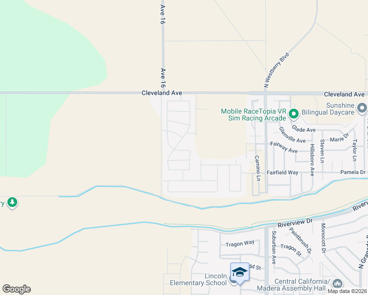 map of restaurants, bars, coffee shops, grocery stores, and more near 3450 Cleveland Avenue in Madera