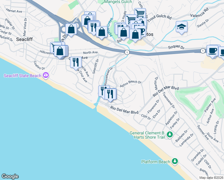 map of restaurants, bars, coffee shops, grocery stores, and more near 113 Stephen Road in Aptos