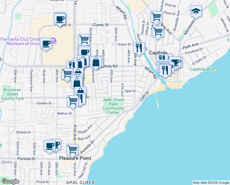map of restaurants, bars, coffee shops, grocery stores, and more near 4595 Topaz Street in Capitola
