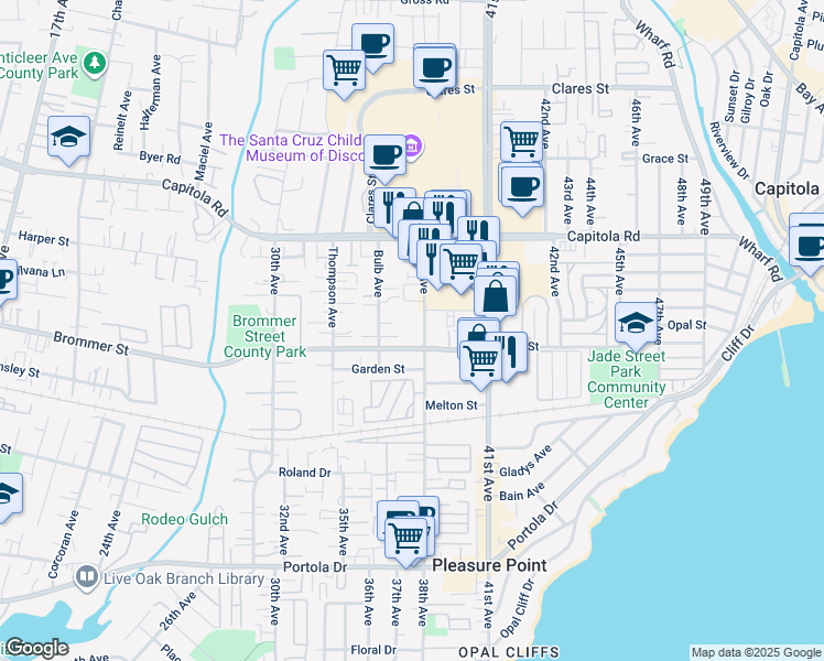 map of restaurants, bars, coffee shops, grocery stores, and more near 1371 38th Avenue in Santa Cruz