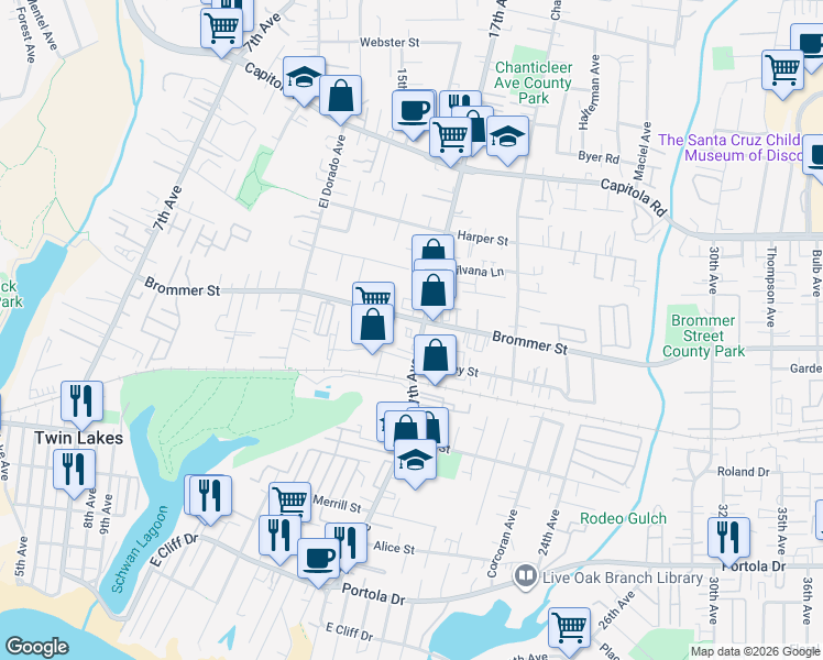 map of restaurants, bars, coffee shops, grocery stores, and more near 1140 17th Avenue in Santa Cruz