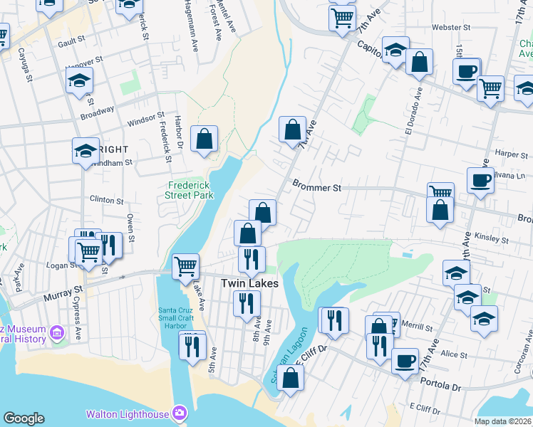 map of restaurants, bars, coffee shops, grocery stores, and more near 713 Crystal Lane in Santa Cruz