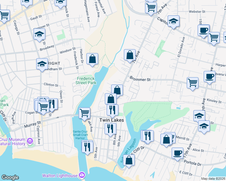 map of restaurants, bars, coffee shops, grocery stores, and more near 583 Mello Lane in Santa Cruz