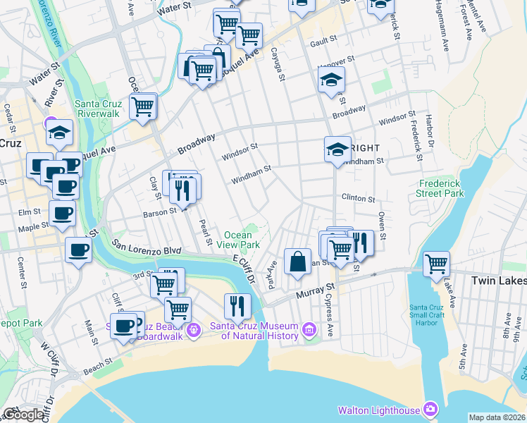 map of restaurants, bars, coffee shops, grocery stores, and more near 116 Ocean View Way in Santa Cruz